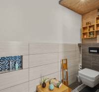 Ideálny dom pre rodinu, Blatné, okr. Senec - Kúpeľňa v rodinnom dome s obkladom rôznych vzorov a dekoratívnymi policami.