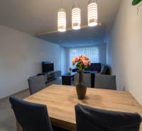 ATRAKTÍVNY 2 IZBOVÝ BYT S VLASTNOU ZÁHRADKOU a 3 parkovacími miestami - Jedálenský stôl s vázičkou, čierna sedačka a TV súčasťou 2-izbového bytu.