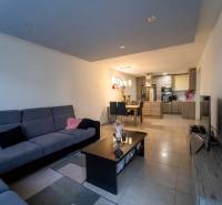 ATRAKTÍVNY 2 IZBOVÝ BYT S VLASTNOU ZÁHRADKOU a 3 parkovacími miestami - Obývacia izba s kuchyňou v 2-izbovom byte, veľká sedacia súprava, jedálenský stôl, dlažba.