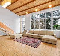 – EXKLUZÍVNE – NA PRENAJOM – DOM – MEDZIERKA – STARÉ MESTO - Obývacia izba v rodinnom dome s veľkým oknom, pohovkou a dreveným stropom.