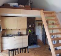 Na predaj záhradná chatka - Interiér chaty s kuchynkou, schodmi na poschodie a podlahou s dreveným dekorom.