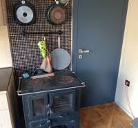 Na predaj záhradná chatka - Krbová pec v Chate s riadmi na čiernej stene, podlaha s dreveným dekorom.