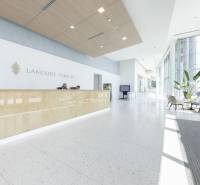 Prenájom kancelárií v biznis centre Lakeside Park, Nové Mesto - Recepcia v kanceláriách s presklenými stenami, bielymi podlahami a moderným sedacím nábytkom.