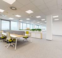 Prenájom kancelárií v biznis centre Lakeside Park, Nové Mesto - Kancelárie s otvoreným priestorom, pracovnými stolmi, zelenými stoličkami a kuchynským kútom.