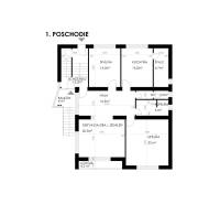 Dvojgeneračný rodinný dom s potenciálom | 2 bytové jednotky, TV - Pôdorys prvého poschodia rodinného domu s izbami, kuchyňou a balkónom.