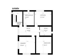 Dvojgeneračný rodinný dom s potenciálom | 2 bytové jednotky, TV - Pôdorys suterénu rodinného domu s miestnosťami: dielňa, kotolňa, sušiareň, práčovňa, sklady.