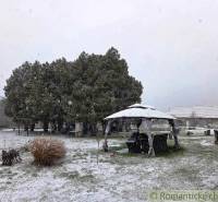 27130m2 samota obklopená lesom - Šalov, okres Levice - Zasnežená záhrada s altánkom a stromami pri chate v Šalove.