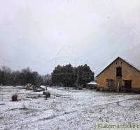 27130m2 samota obklopená lesom - Šalov, okres Levice - Zasnežená chata v Šalove obklopená stromami a zasneženými lúkami.