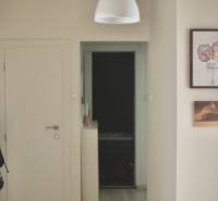 Veľký 2-izb. byt v tehlovom dome, Ružová dolina, Ružinov časť Nivy - Chodba v 2-izbovom byte s dekoráciami na stenách a bielym svietidlom.