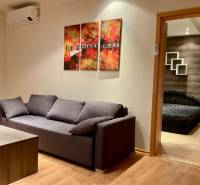 I Prenájom moderne zariadeného 3-izbového bytu v Petržalke. - Obývacia izba so šedou sedačkou, konferenčným stolíkom a podlahou s dreveným dekorom v 3-izbovom byte.