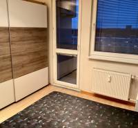 I Prenájom moderne zariadeného 3-izbového bytu v Petržalke. - Interiér 3-izbového bytu s podlahou s dreveným dekorom, šatníkovou skriňou a balkónovým oknom.