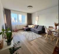 Novostavba FUXOVA 2 izbový byt, parking, Bosákova ul., BA V. Petržalka - Obývacia izba v 2-izbovom byte s pohovkou, stolom a podlahou s dreveným dekorom.