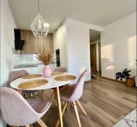 Novostavba FUXOVA 2 izbový byt, parking, Bosákova ul., BA V. Petržalka - Jedálenský kút v 2-izbovom byte s podlahou s dreveným dekorom a závesným svietidlom.