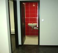 Krásny slnečný kancelársky priestor, BA Staré Mesto, Dunajská - Interiér kancelárie s bielymi stenami a červenými obkladmi za umývadlom.