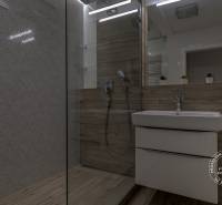 ŠPIČKOVO KOMPLETNE ZARIADENÝ 2-izb. byt bez kompromisov - Kúpeľňa v 2-izbovom byte s podlahou s dreveným dekorom a sklenou sprchou.