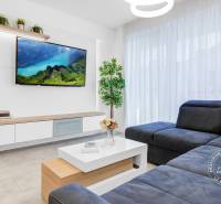 ŠPIČKOVO KOMPLETNE ZARIADENÝ 2-izb. byt bez kompromisov - Obývacia izba v 2-izbovom byte s tmavou sedačkou, TV na stene, podlaha s dreveným dekorom.