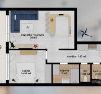 ŠPIČKOVO KOMPLETNE ZARIADENÝ 2-izb. byt bez kompromisov - Pôdorys 2-izbového bytu s obývačkou, kuchyňou, spálňou a lodžiou.