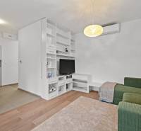 PRENÁJOM 3i byt s veľkorysou terasou a súkromím – Staré Grunty - Obývacia izba v 3-izbovom byte s pohovkou, podlahou s dreveným dekorom a vstavanou zostavou.