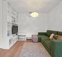 PRENÁJOM 3i byt s veľkorysou terasou a súkromím – Staré Grunty - Obývacia izba v 3-izbovom byte s pohovkou, televízorom a policami, podlaha s dreveným dekorom.