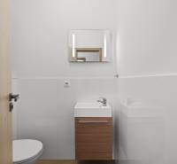 PRENÁJOM 3i byt s veľkorysou terasou a súkromím – Staré Grunty - Kompaktná toaleta s umývadlom, zrkadlom a bielymi obkladmi v 3-izbovom byte.