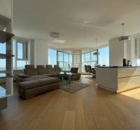 NUERA︱PANORAMA CITY- Veľký 3-izbový byt s výhľadom na hrad - Svetlý 3-izbový byt s podlahou s dreveným dekorom, veľkými oknami a priestrannou sedacou súpravou.