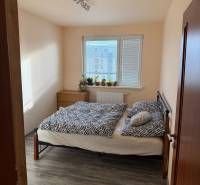 4-izb. byt, Wolkrova, Petržalka, 7.p./8 - Spálňa v 4-izbovom byte s posteľou a podlahou s dreveným dekorom.