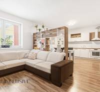 Na predaj moderný 2-izb. byt s loggiou vo Vrábľoch - Obývacia izba v 2-izbovom byte s veľkou sedačkou a kuchyňou, podlaha s dreveným dekorom.