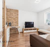 Na predaj moderný 2-izb. byt s loggiou vo Vrábľoch - Obývacia izba s podlahou s dreveným dekorom, TV a krémovou sedačkou v 2-izbovom byte.