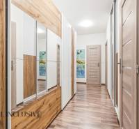 Na predaj moderný 2-izb. byt s loggiou vo Vrábľoch - Chodba v 2-izbovom byte s podlahou s dreveným dekorom a zrkadlovou skriňou.