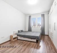 Na predaj moderný 2-izb. byt s loggiou vo Vrábľoch - Spálňa v 2-izbovom byte s podlahou s dreveným dekorom, bielymi skriňami a sivými detailmi.