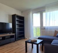 Zariadený 2-izb. byt v novostavbe v Ružinove - Ovocné sady - Obývacia izba v 2-izbovom byte s pohovkou, televízorom a podlahou s dreveným dekorom.