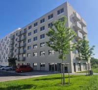 Zariadený 2-izb. byt v novostavbe v Ružinove - Ovocné sady - Bytové domy s balkónmi, stromy a zaparkované autá na ivanskej ceste, Bratislava - Ružinov.