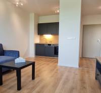 Zariadený 2-izb. byt v novostavbe v Ružinove - Ovocné sady - Obývačka v 2-izbovom byte s modrou sedačkou, kuchynským kútom a podlahou s dreveným dekorom.