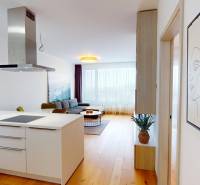 | Sky Park | zariadený 2i byt | panoramatický výhľad | garáž - Svetlá obývacia izba s kuchyňou v 2-izbovom byte, podlaha s dreveným dekorom.