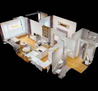 | Sky Park | zariadený 2i byt | panoramatický výhľad | garáž - 3D pôdorys 2-izbového bytu s podlahou s dreveným dekorom a svetlým interiérom.