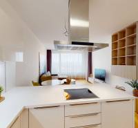 | Sky Park | zariadený 2i byt | panoramatický výhľad | garáž - Kuchyňa v 2-izbovom byte s ostrovčekom, televízorom a podlahou s dreveným dekorom.