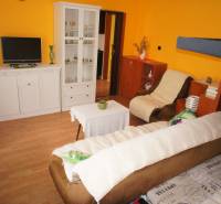 Veľký 1-izb. byt v tehlovom dome, Miletičova ul., Ružinov  - 1-izbový byt s podlahou s dreveným dekorom a žltými stenami.