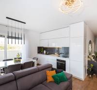 ZATON - Apartmán so záhradou - na predaj  - Obývačka a kuchyňa Rekreačného apartmánu s podlahou s dreveným dekorom a jedálenským kútom.