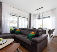 ZATON - Apartmán so záhradou - na predaj - Obývacia izba v Rekreačnom apartmáne s pohovkou, podlahou s dreveným dekorom a jedálenským stolom.