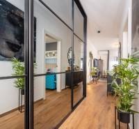 ZATON - Apartmán so záhradou - na predaj  - Interiér rekreačného apartmánu s podlahou s dreveným dekorom, zrkadlovou stenou a rastlinami.