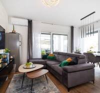 ZATON - Apartmán so záhradou - na predaj  - Obývacia izba v Rekreačnom apartmáne s pohodlnou sedačkou a podlahou s dreveným dekorom.