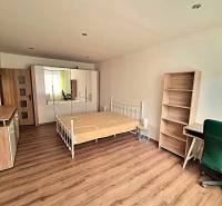 Pekný 2 izbový byt na prenájom - Malacky - Spálňa v 2-izbovom byte s posteľou, skriňou a podlahou s dreveným dekorom.