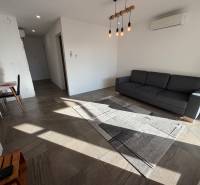 Novostavba rodinný dom Ludanice / REZERVOVANE - Obývacia izba v rodinnom dome s šedou sedačkou a závesným osvetlením.