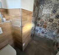 Novostavba rodinný dom Ludanice / REZERVOVANE - Kúpeľňa v rodinnom dome s podlahou s dreveným dekorom a vzorovanými obkladačkami.