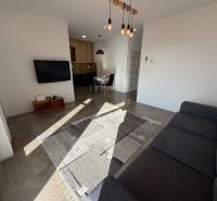 Novostavba rodinný dom Ludanice / REZERVOVANE - Obývačka v rodinnom dome s pohovkou, TV a kuchyňou, podlaha s dreveným dekorom.