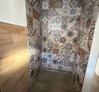 Novostavba rodinný dom Ludanice / REZERVOVANE - Sprchový kút v rodinnom dome s farebnými obkladačkami a podlahou s dreveným dekorom.