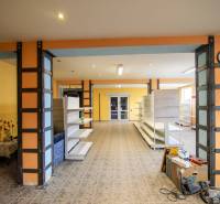 Prenájom haly / obchodno-skladových priestorov – Šenkvice, Nádražná ul - Interiér skladu s regálmi a kvetinovým motívom na stene, Sklady a haly.