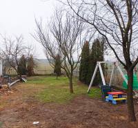 Rodinný dom, Maďarsko, obec Vizsoly - Záhrada rodinného domu vo Vizsoly so stromami a detskou hojdačkou na trávniku.