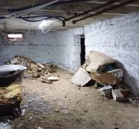 Rodinný dom, Maďarsko, obec Vizsoly - Suterén rodinného domu s hlinenou podlahou, niekoľkými krabicami a drevom.