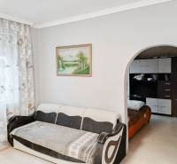 Rodinný dom, Maďarsko, obec Vizsoly - Svetlá obývacia izba s pohovkou, veľkým oblúkovým priechodom a závesmi s kvetinovým vzorom.